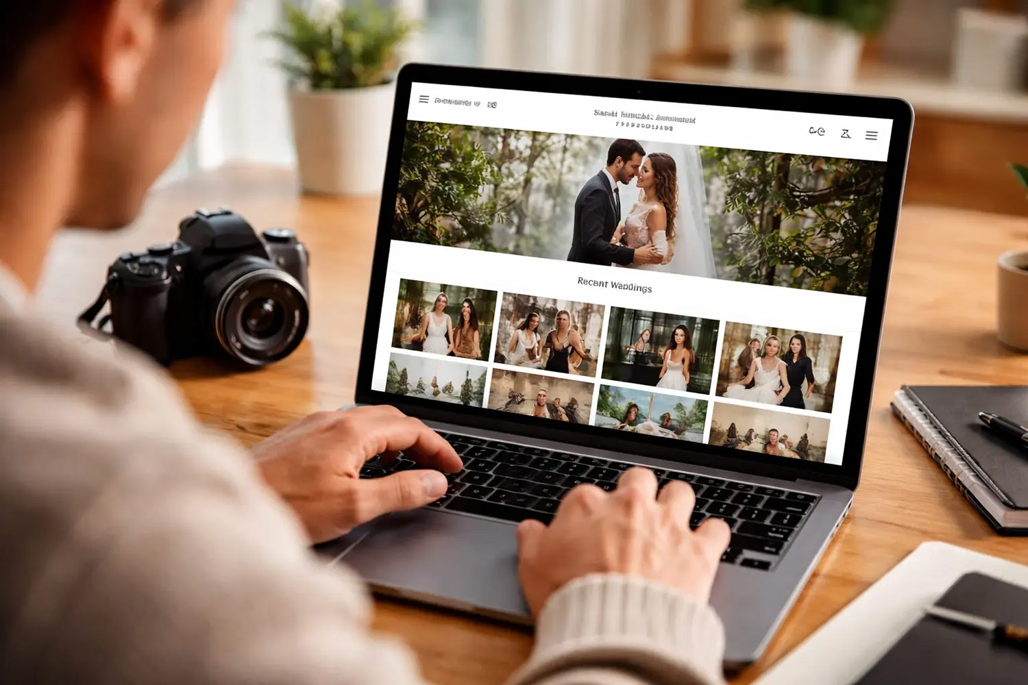 Fotografin sortiert Hochzeitsbilder mit KI-Unterstützung am Laptop